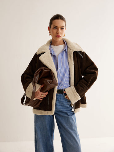 Vintage-Braune Jacke mit Fleece-Futter und lockerer Passform